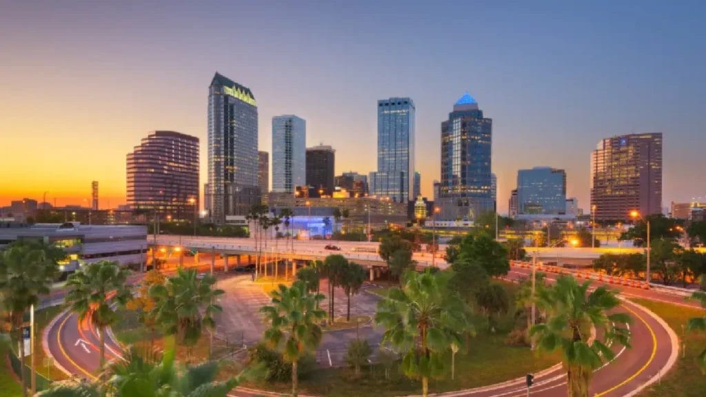 Tampa skyline at sunset, highlighting potential need for mesothelioma lawyer.